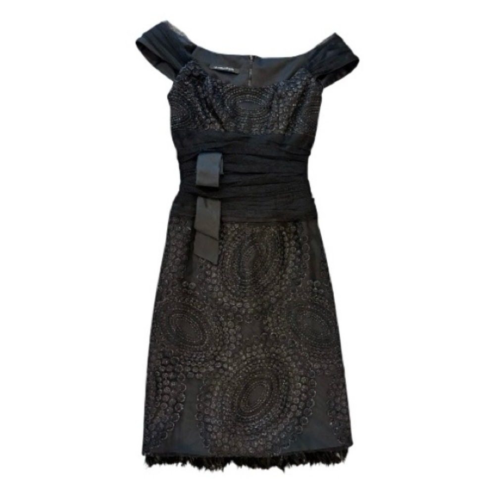 Gustavo Cadile Black Embroidered Couture Cocktail Dress Feather Trim